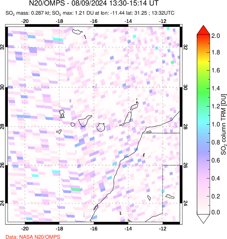 A sulfur dioxide image over Canary Islands on Aug 09, 2024.