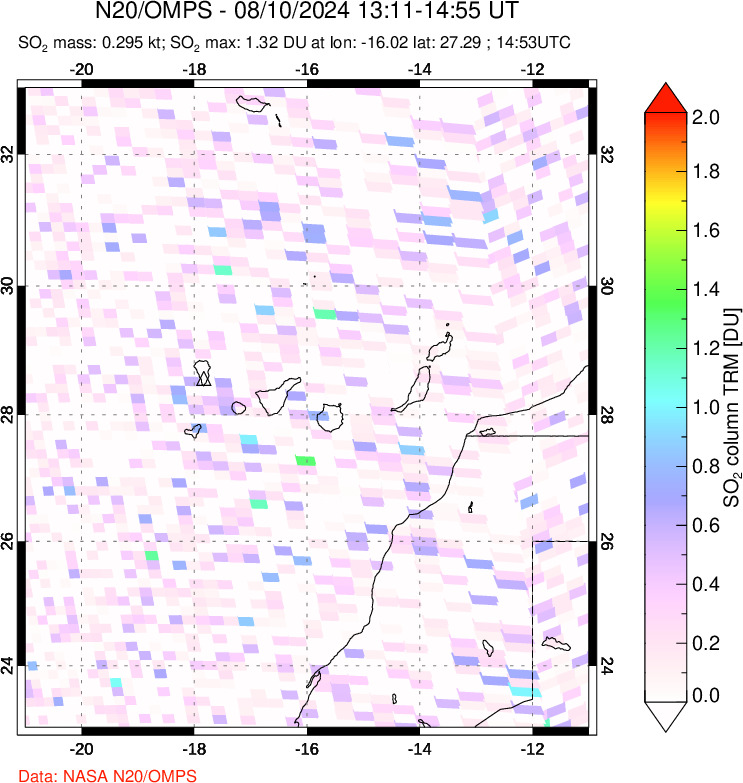 A sulfur dioxide image over Canary Islands on Aug 10, 2024.