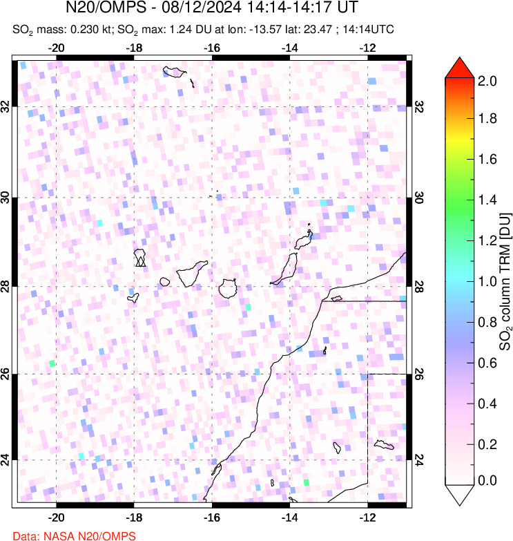 A sulfur dioxide image over Canary Islands on Aug 12, 2024.