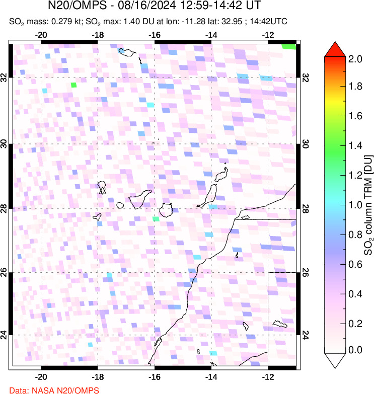 A sulfur dioxide image over Canary Islands on Aug 16, 2024.