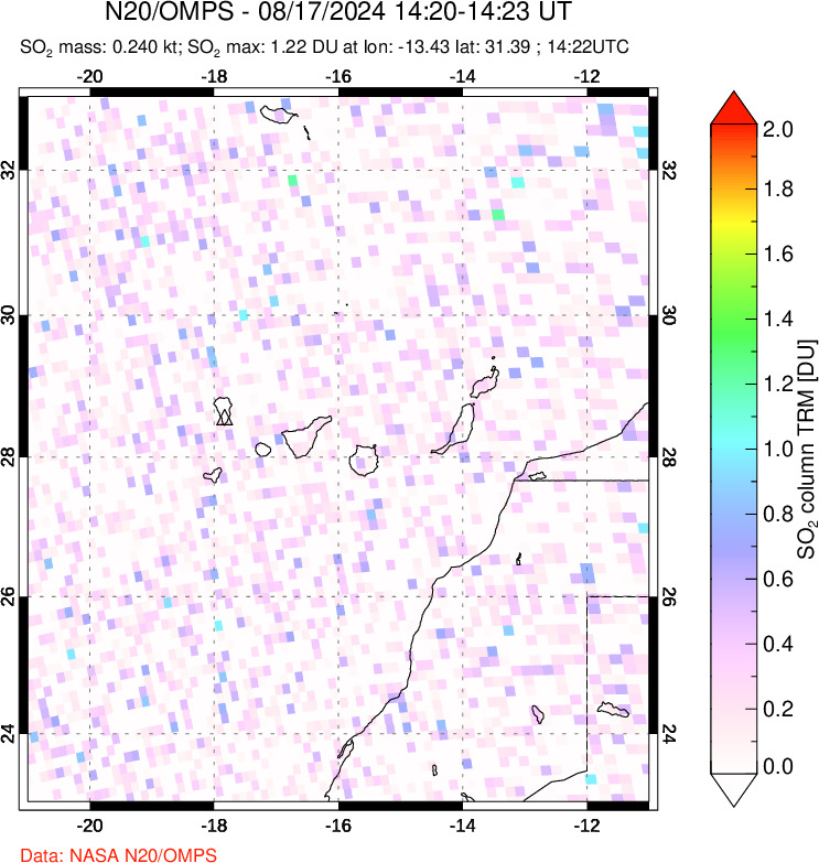 A sulfur dioxide image over Canary Islands on Aug 17, 2024.