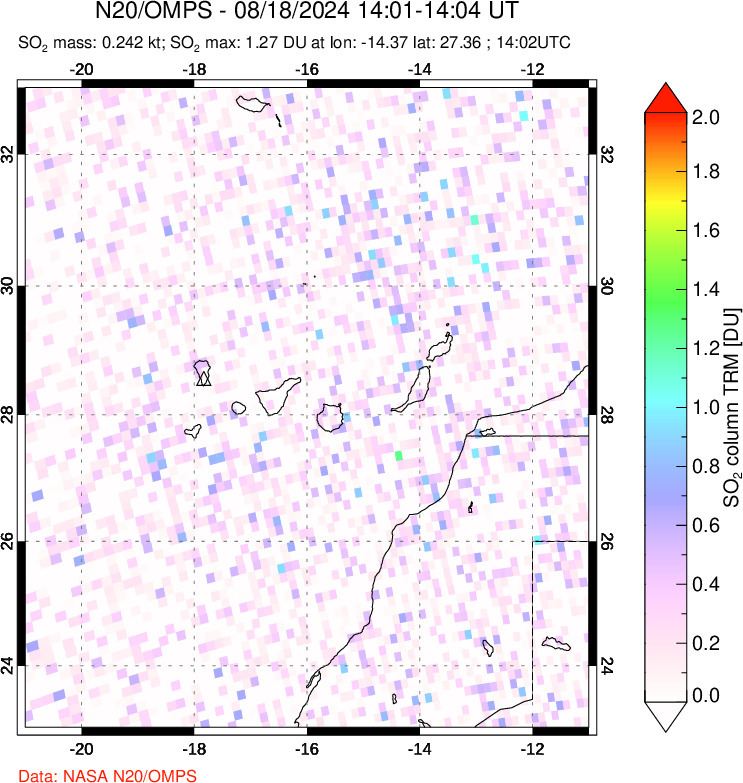 A sulfur dioxide image over Canary Islands on Aug 18, 2024.