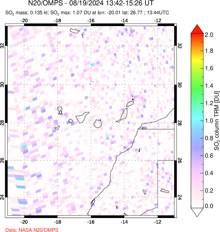 A sulfur dioxide image over Canary Islands on Aug 19, 2024.