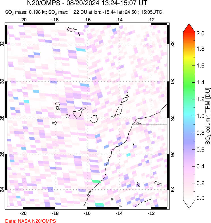 A sulfur dioxide image over Canary Islands on Aug 20, 2024.