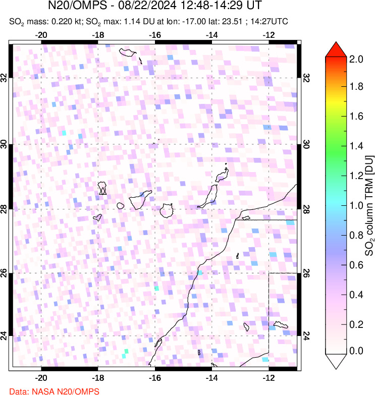 A sulfur dioxide image over Canary Islands on Aug 22, 2024.