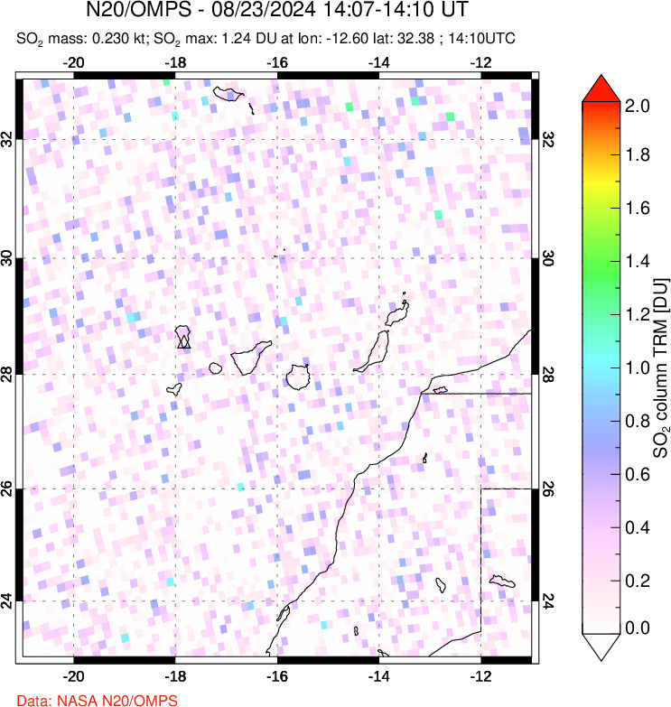 A sulfur dioxide image over Canary Islands on Aug 23, 2024.