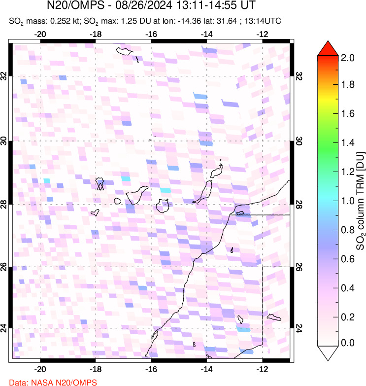 A sulfur dioxide image over Canary Islands on Aug 26, 2024.