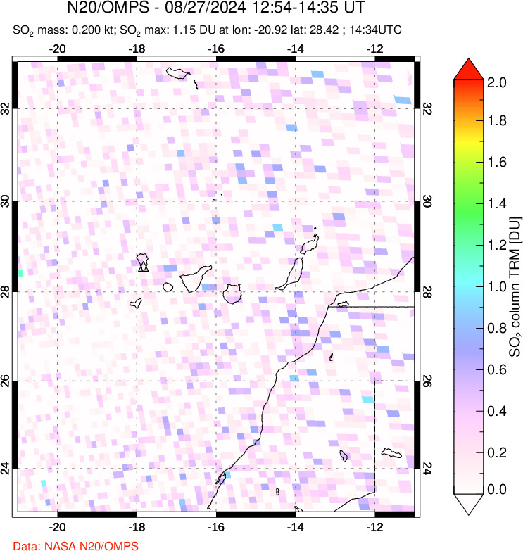 A sulfur dioxide image over Canary Islands on Aug 27, 2024.