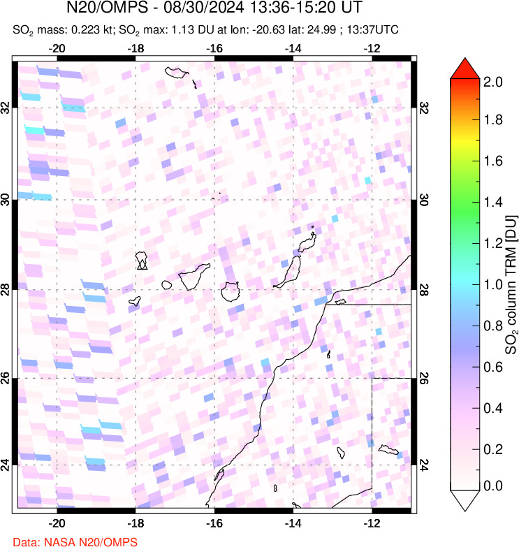 A sulfur dioxide image over Canary Islands on Aug 30, 2024.