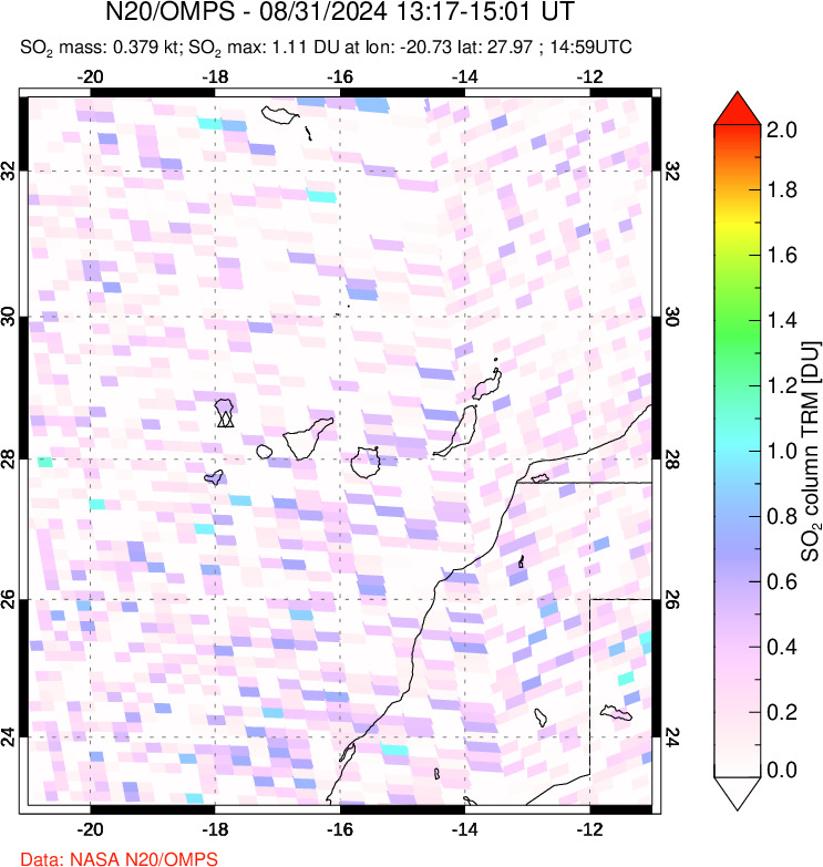 A sulfur dioxide image over Canary Islands on Aug 31, 2024.