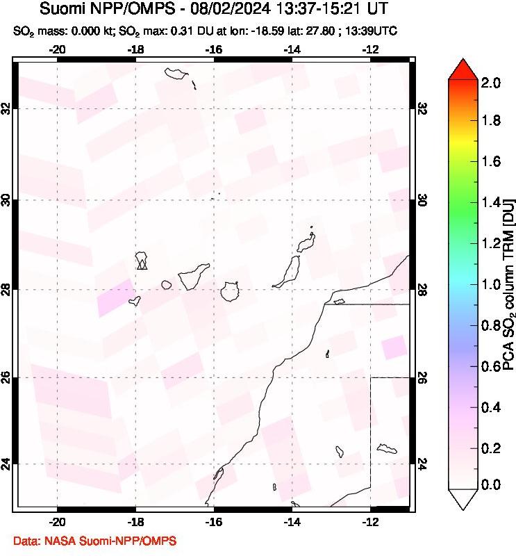 A sulfur dioxide image over Canary Islands on Aug 02, 2024.