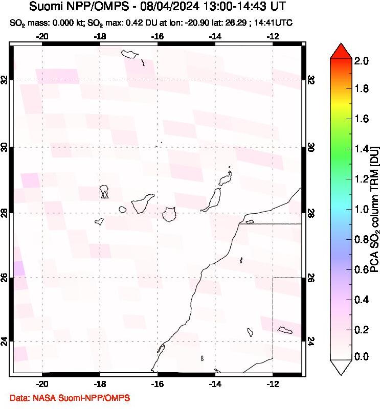 A sulfur dioxide image over Canary Islands on Aug 04, 2024.