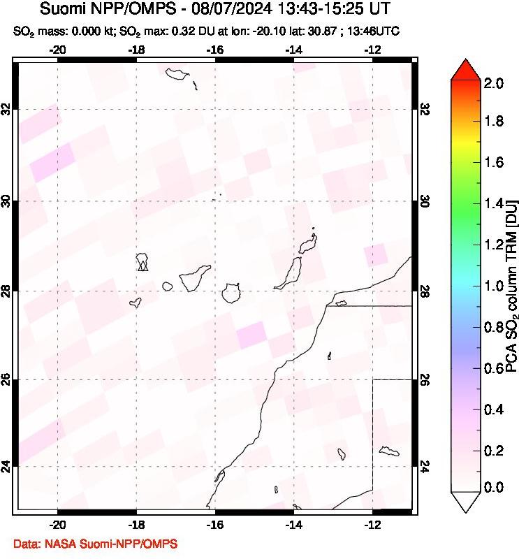 A sulfur dioxide image over Canary Islands on Aug 07, 2024.