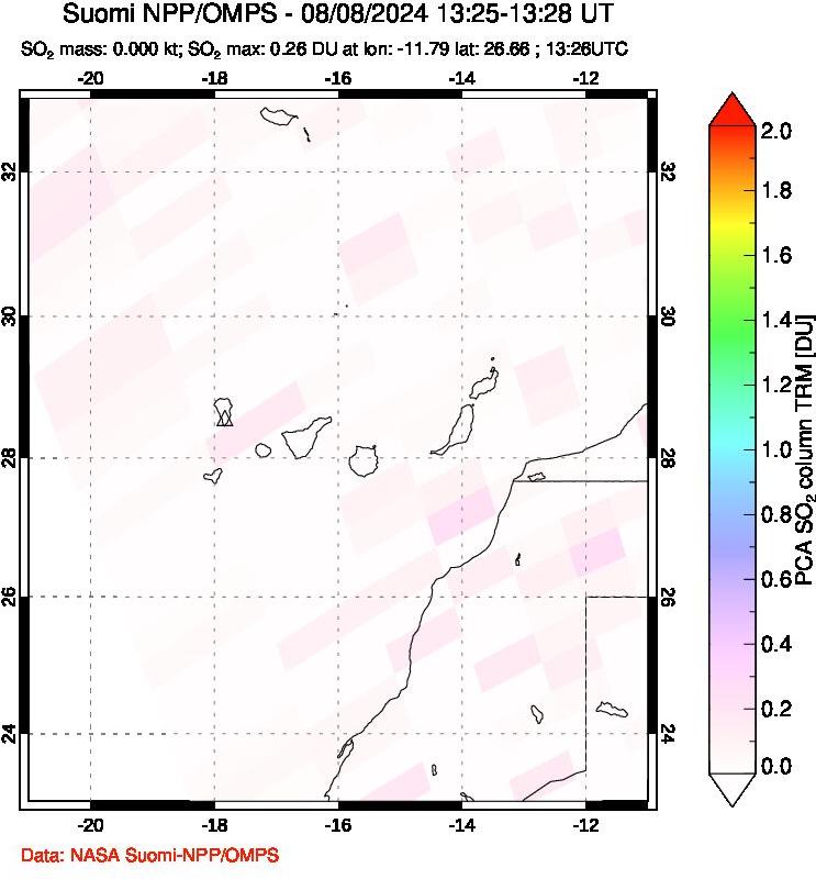 A sulfur dioxide image over Canary Islands on Aug 08, 2024.