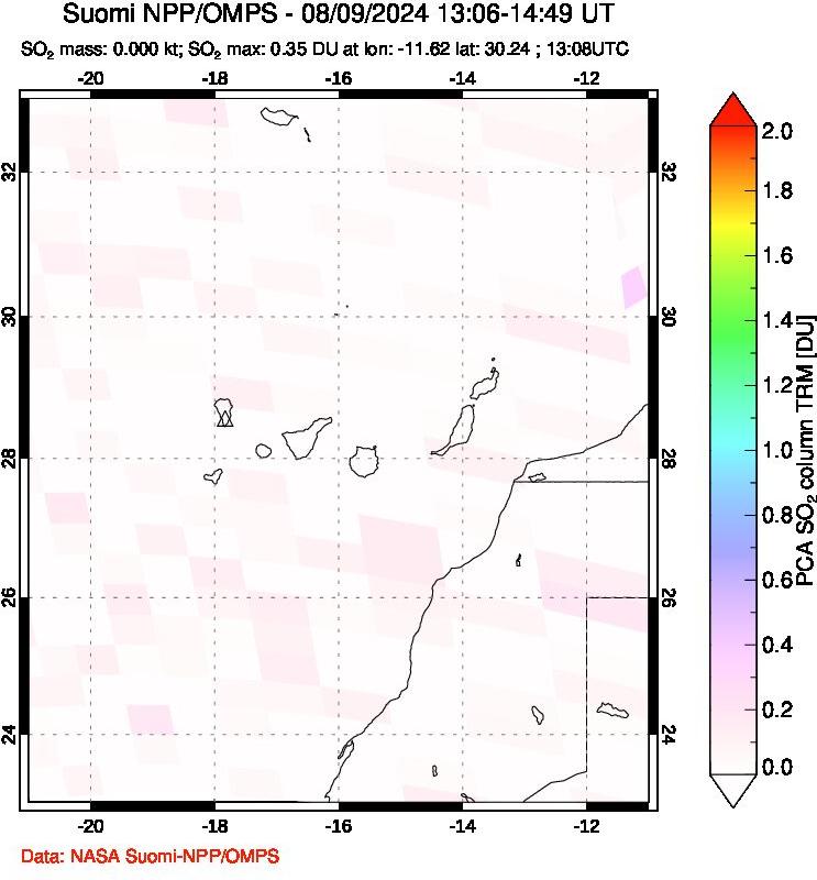 A sulfur dioxide image over Canary Islands on Aug 09, 2024.