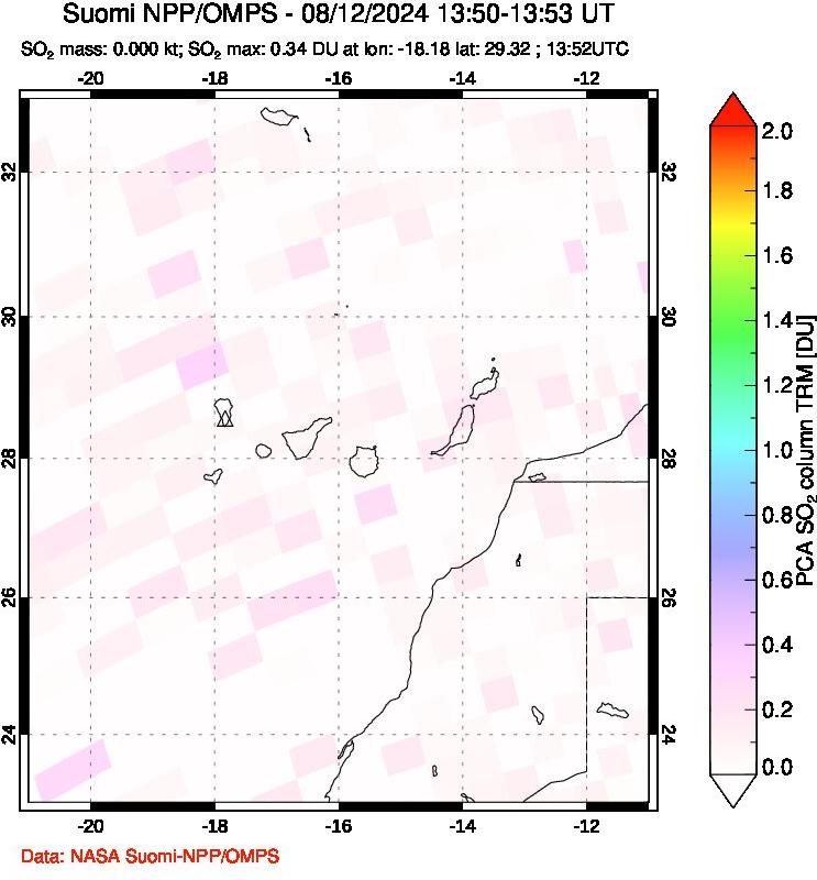 A sulfur dioxide image over Canary Islands on Aug 12, 2024.