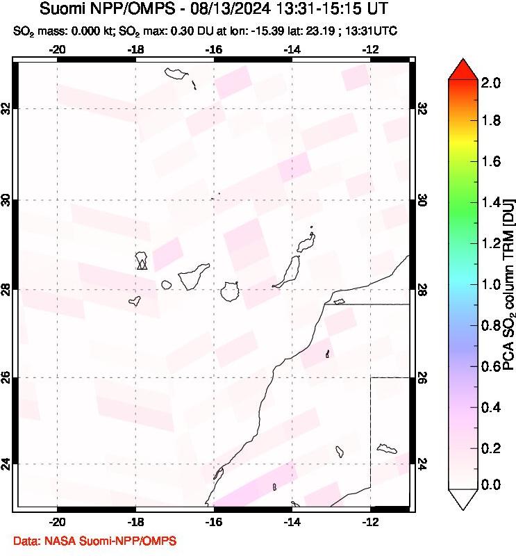 A sulfur dioxide image over Canary Islands on Aug 13, 2024.