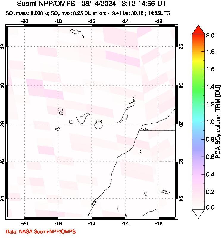 A sulfur dioxide image over Canary Islands on Aug 14, 2024.