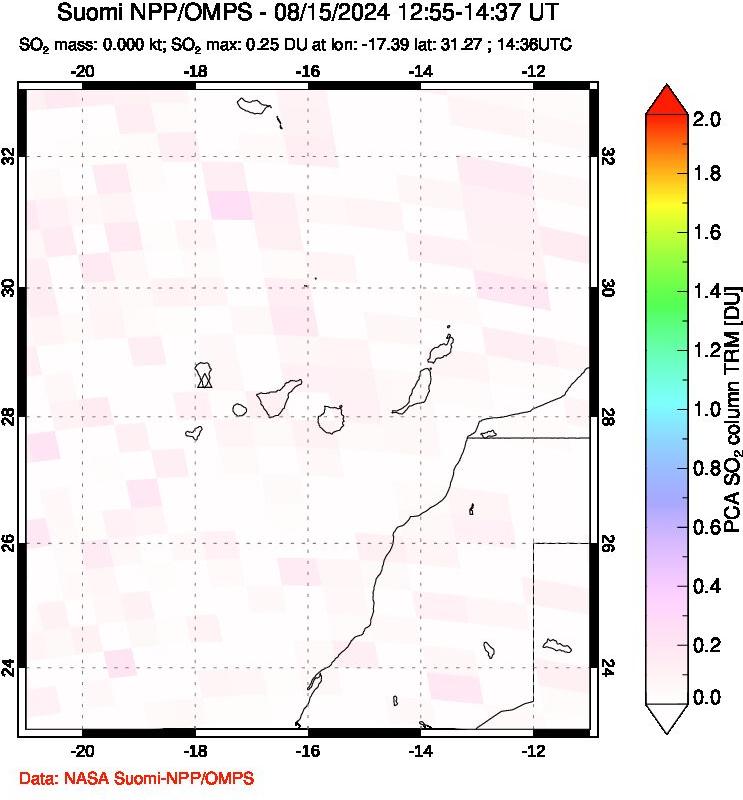 A sulfur dioxide image over Canary Islands on Aug 15, 2024.