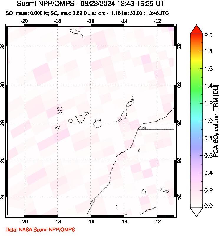 A sulfur dioxide image over Canary Islands on Aug 23, 2024.