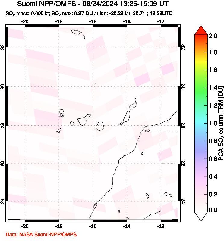 A sulfur dioxide image over Canary Islands on Aug 24, 2024.