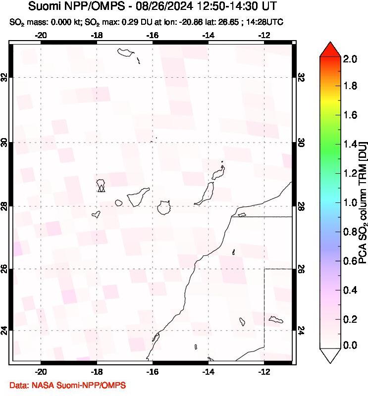 A sulfur dioxide image over Canary Islands on Aug 26, 2024.