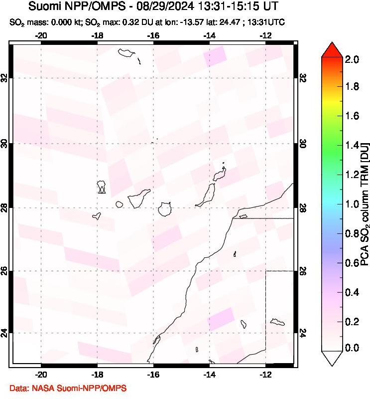 A sulfur dioxide image over Canary Islands on Aug 29, 2024.