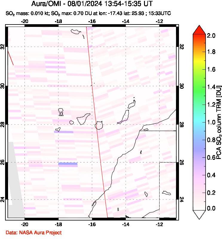 A sulfur dioxide image over Canary Islands on Aug 01, 2024.