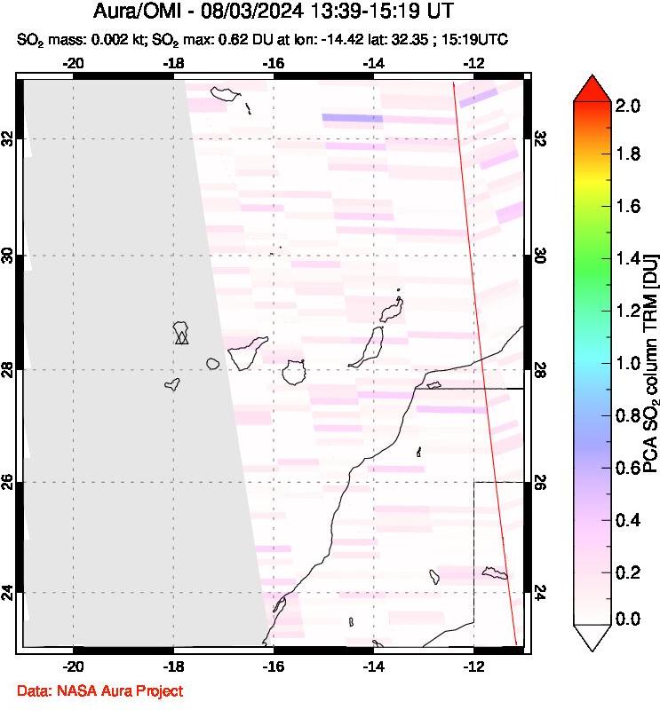 A sulfur dioxide image over Canary Islands on Aug 03, 2024.