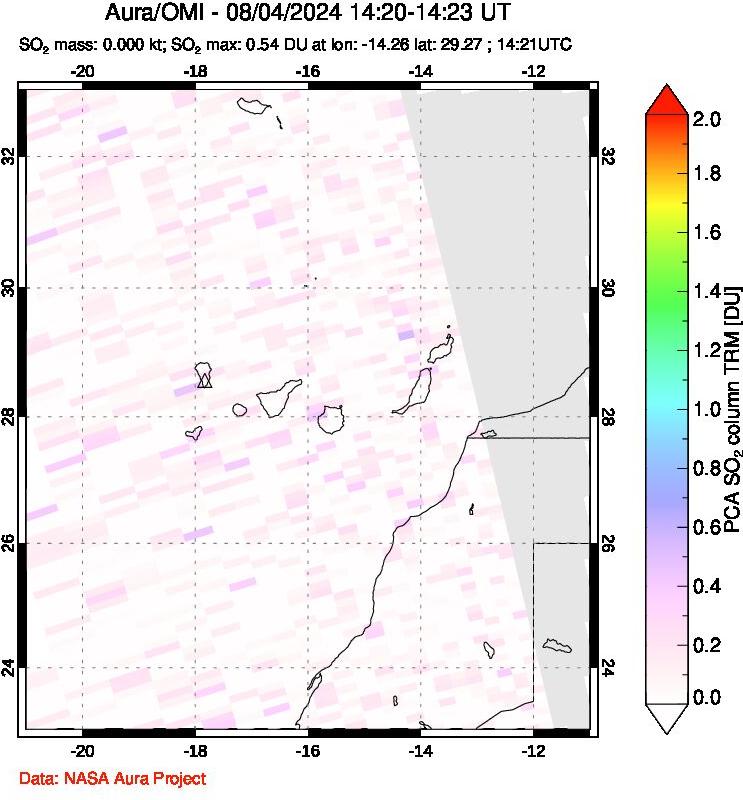 A sulfur dioxide image over Canary Islands on Aug 04, 2024.