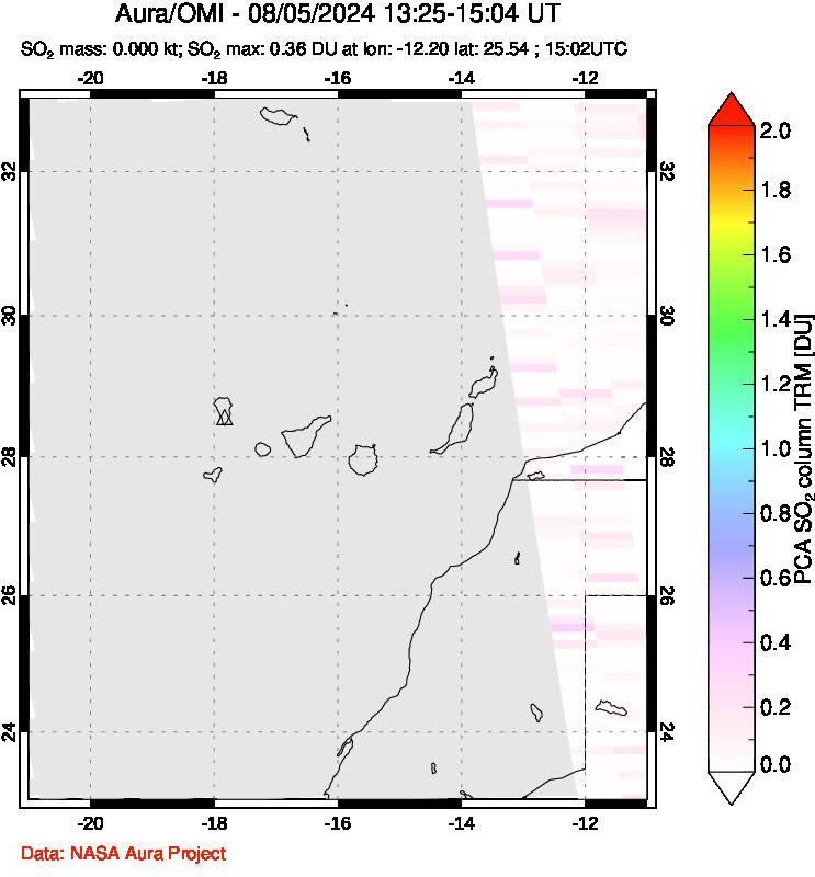 A sulfur dioxide image over Canary Islands on Aug 05, 2024.