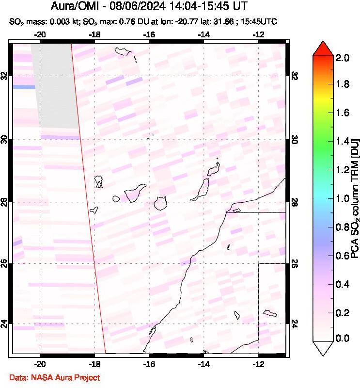 A sulfur dioxide image over Canary Islands on Aug 06, 2024.