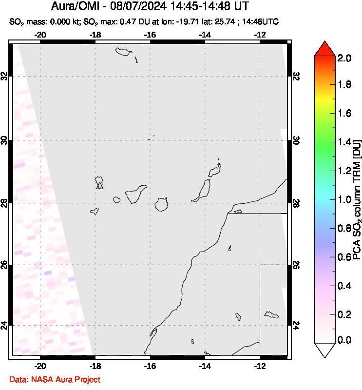 A sulfur dioxide image over Canary Islands on Aug 07, 2024.