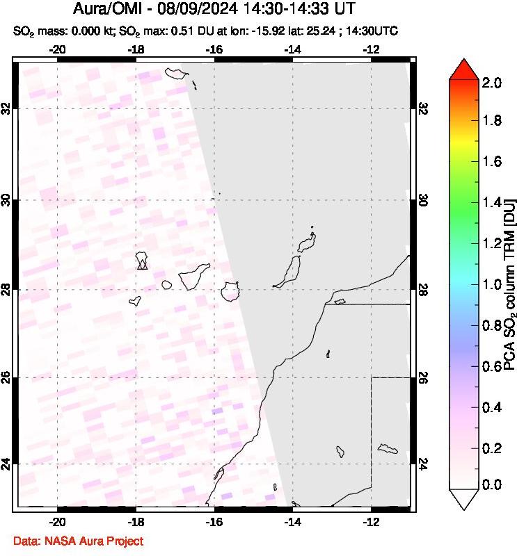 A sulfur dioxide image over Canary Islands on Aug 09, 2024.