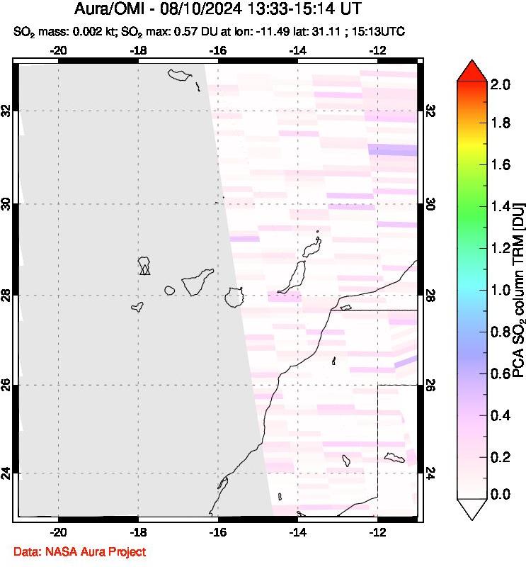 A sulfur dioxide image over Canary Islands on Aug 10, 2024.