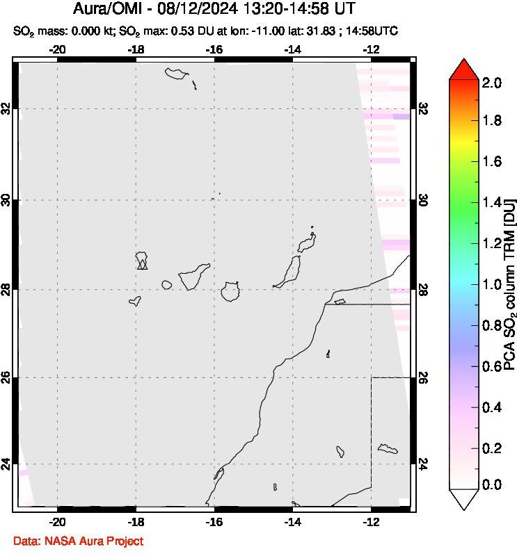 A sulfur dioxide image over Canary Islands on Aug 12, 2024.