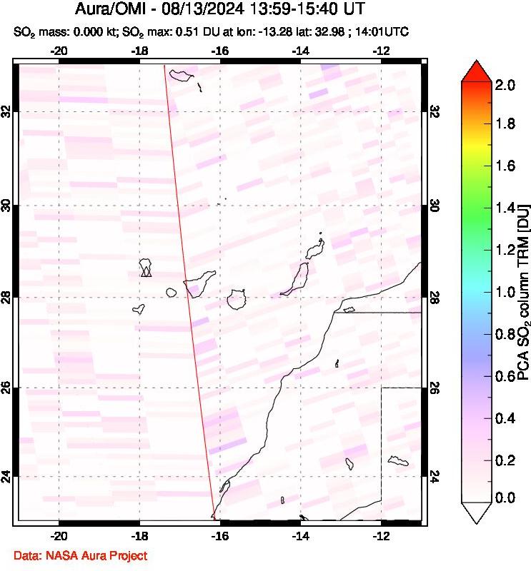 A sulfur dioxide image over Canary Islands on Aug 13, 2024.