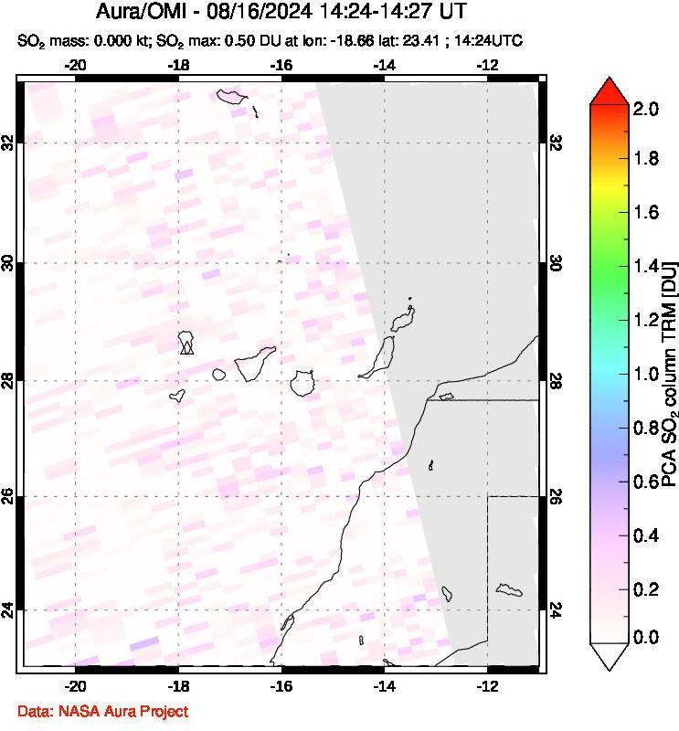 A sulfur dioxide image over Canary Islands on Aug 16, 2024.