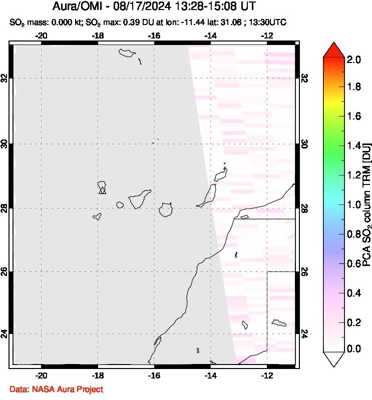 A sulfur dioxide image over Canary Islands on Aug 17, 2024.