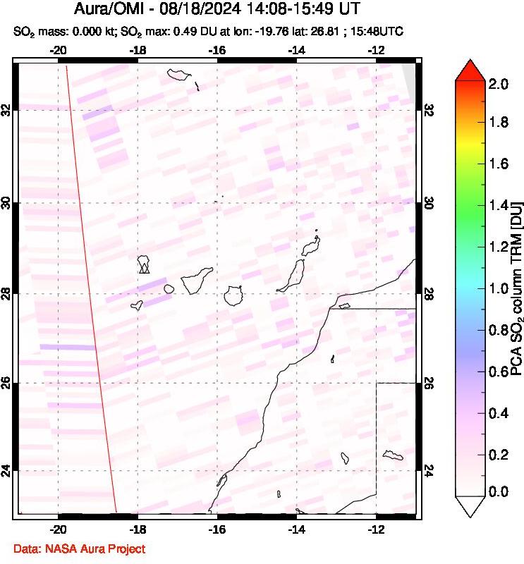 A sulfur dioxide image over Canary Islands on Aug 18, 2024.