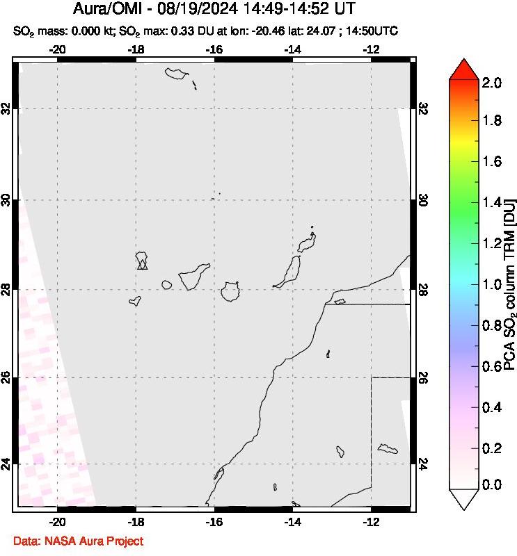 A sulfur dioxide image over Canary Islands on Aug 19, 2024.