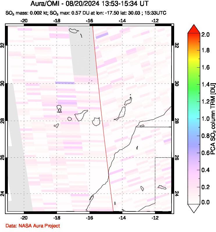 A sulfur dioxide image over Canary Islands on Aug 20, 2024.