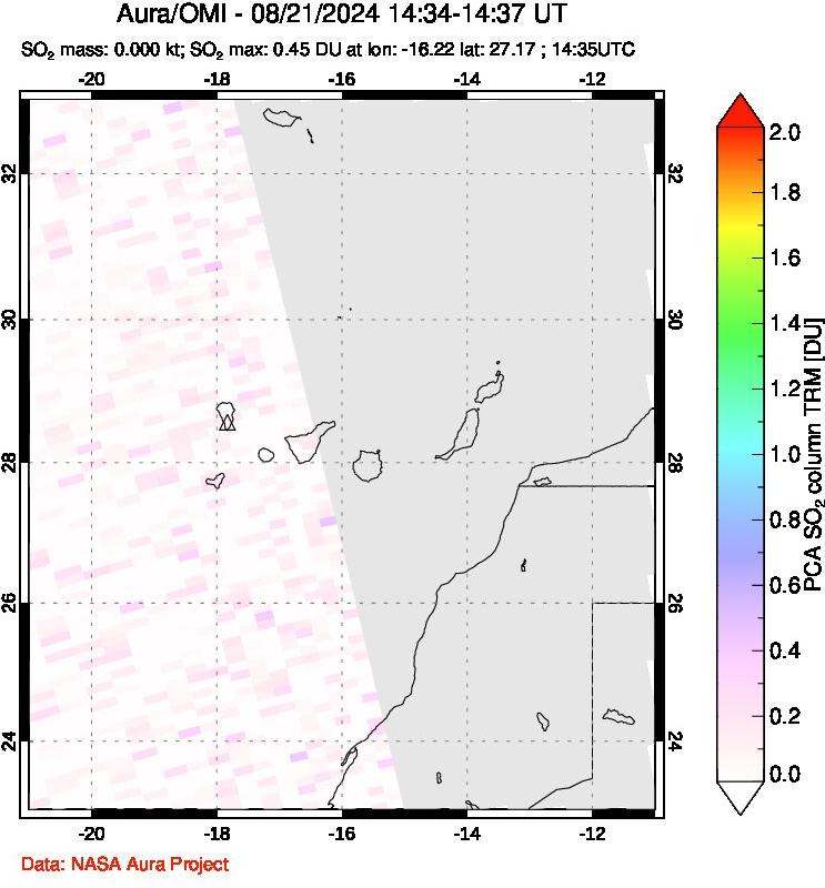 A sulfur dioxide image over Canary Islands on Aug 21, 2024.