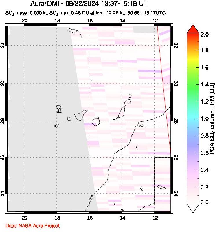 A sulfur dioxide image over Canary Islands on Aug 22, 2024.