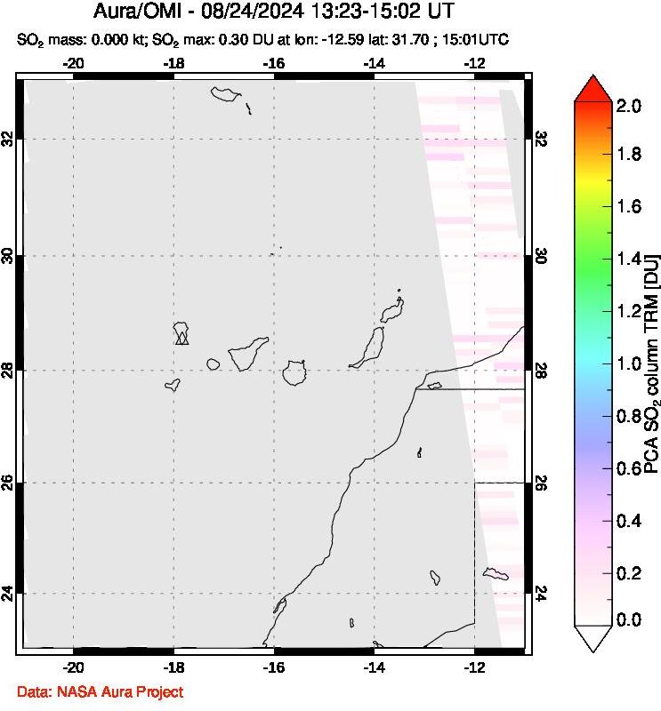 A sulfur dioxide image over Canary Islands on Aug 24, 2024.