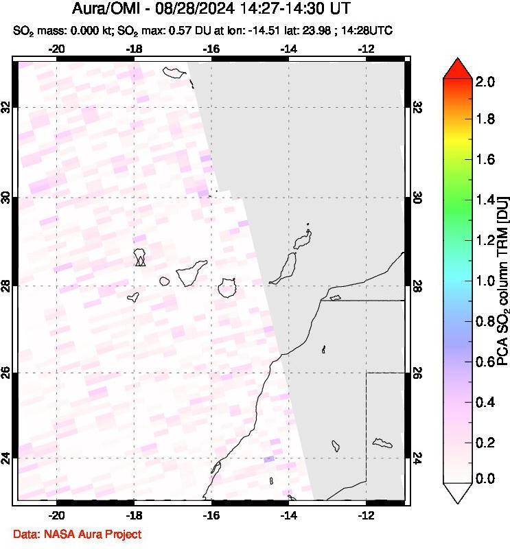 A sulfur dioxide image over Canary Islands on Aug 28, 2024.