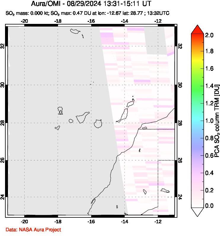 A sulfur dioxide image over Canary Islands on Aug 29, 2024.