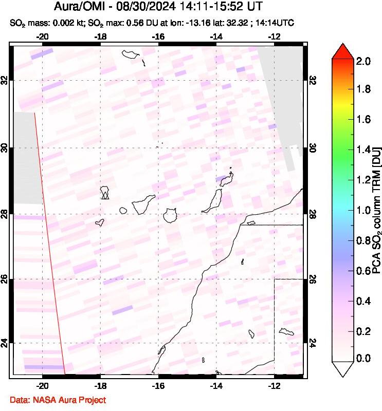 A sulfur dioxide image over Canary Islands on Aug 30, 2024.