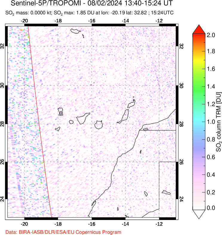 A sulfur dioxide image over Canary Islands on Aug 02, 2024.