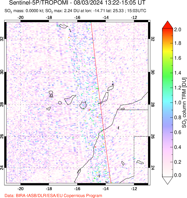 A sulfur dioxide image over Canary Islands on Aug 03, 2024.